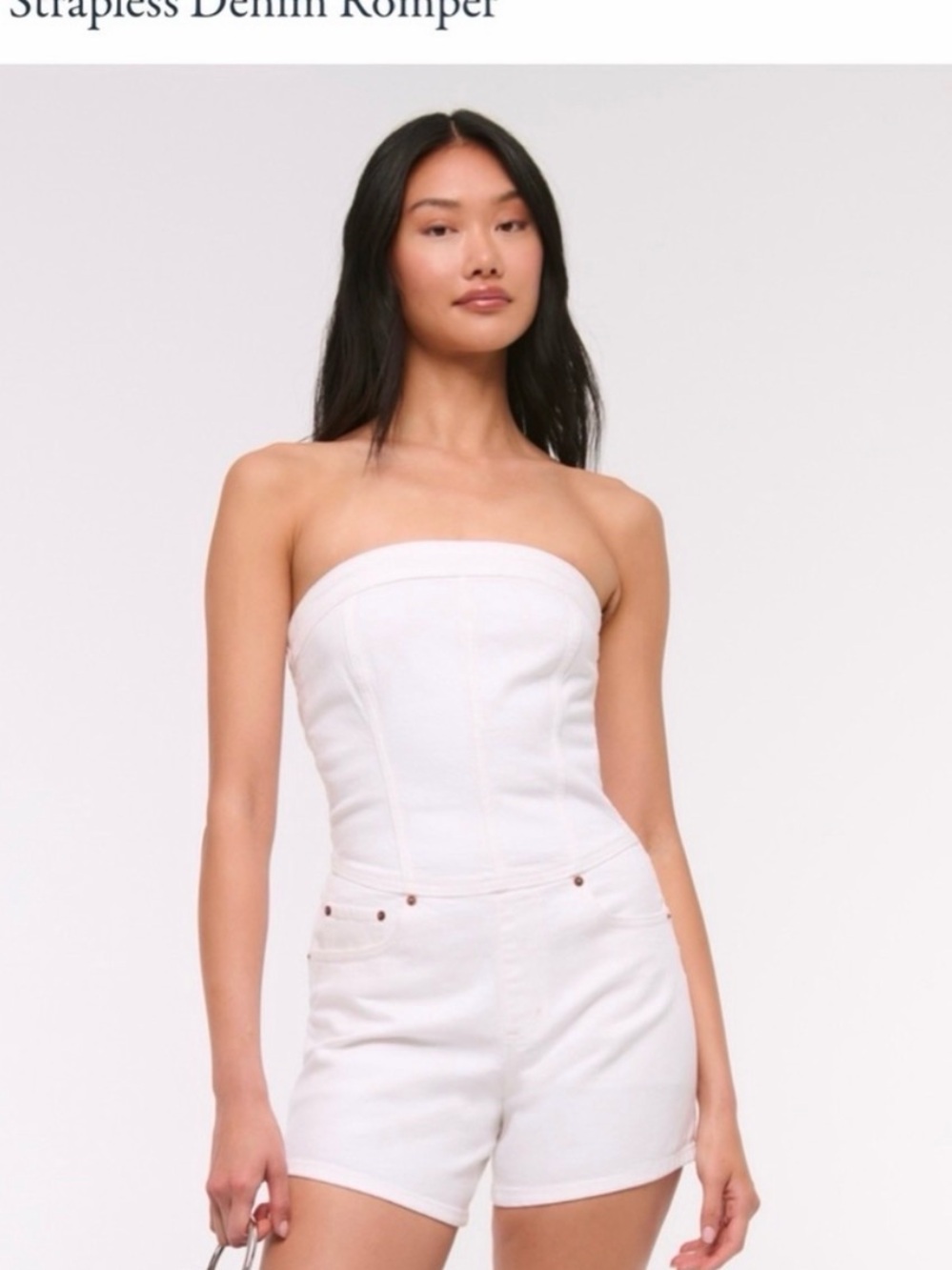 Abercrombie & Fitch White Strapless Denim Romper with High-Rise Shorts